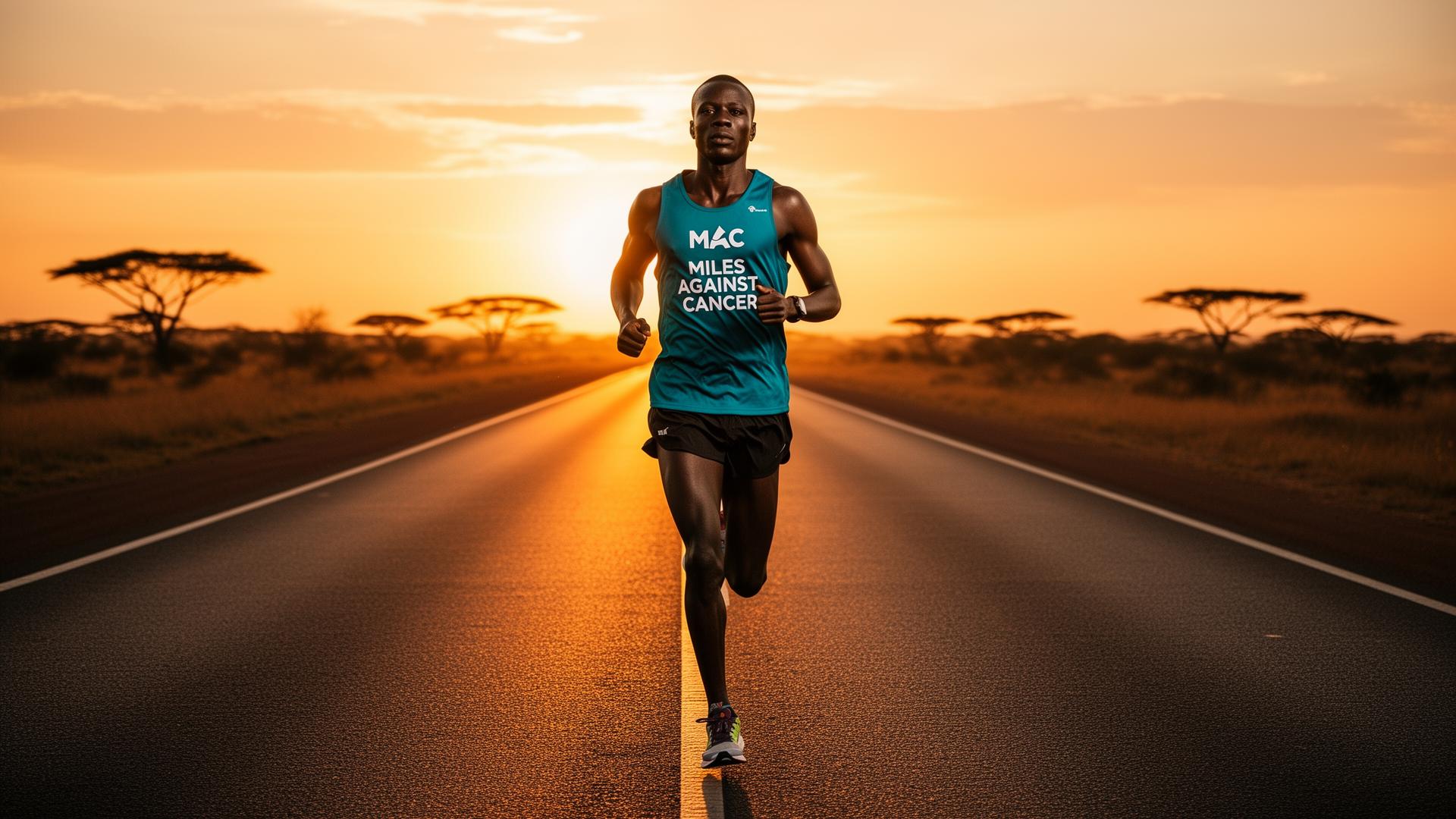 Miles Against Cancer runner on a tarred road at African sunrise