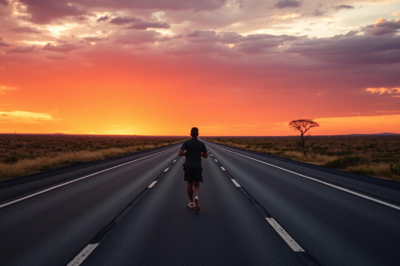 Runner on open road at sunset